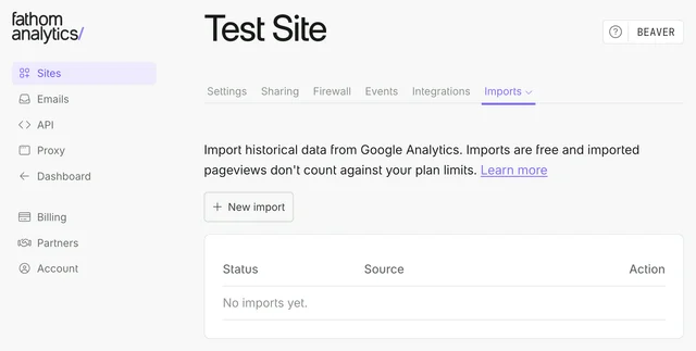 The Imports page A site's Imports page, with the New import button and the list of imports