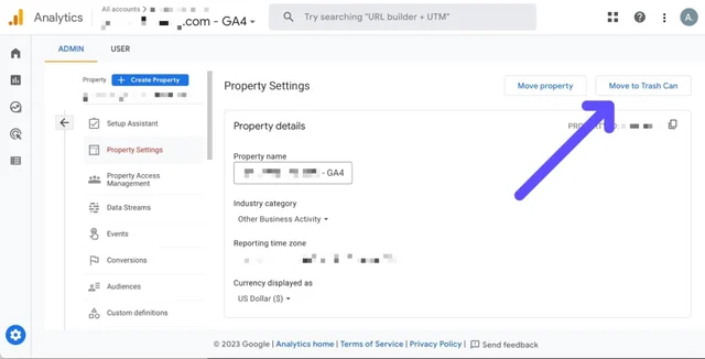 move google analytics property to trash can