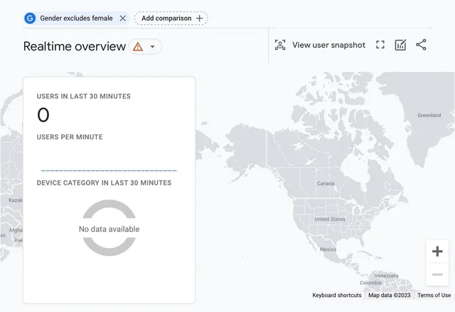 GA4 real time report with filters applied