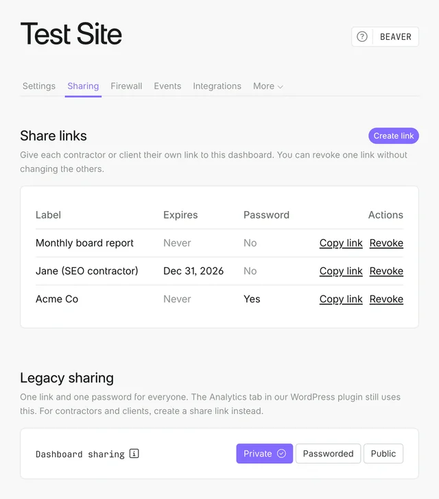 The Sharing tab, with a table of share links and the Legacy sharing section below it