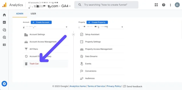 go to google analytics trash can