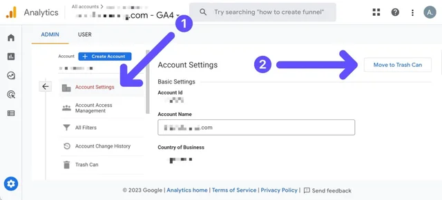 move google analytics account to trash