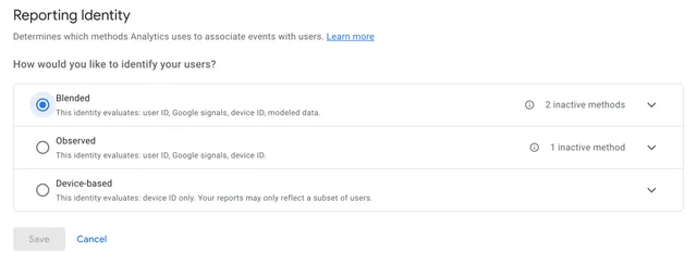 reporting identity user ID settings in GA4