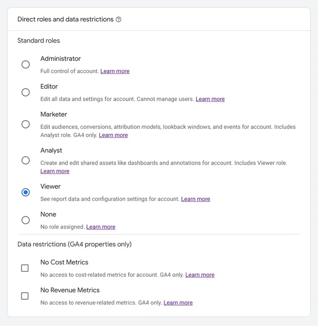 ga4 direct roles and data restrictions