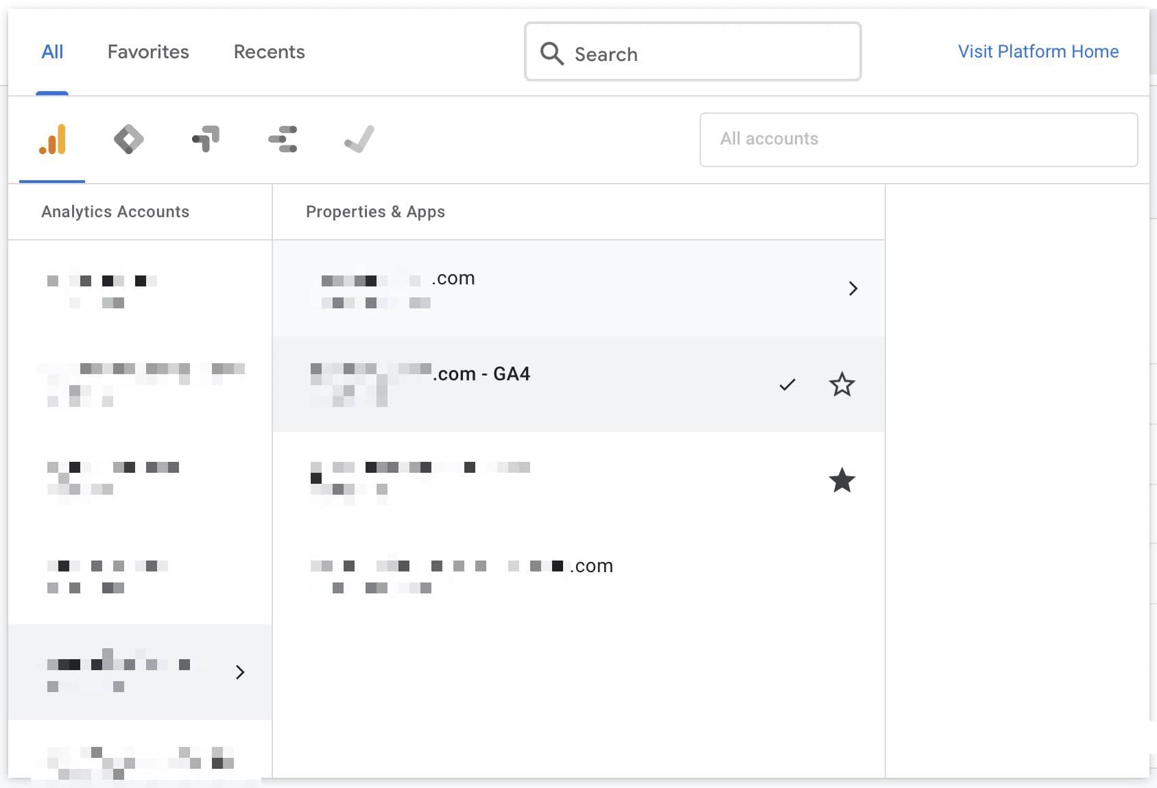 account and property list view in google analytics