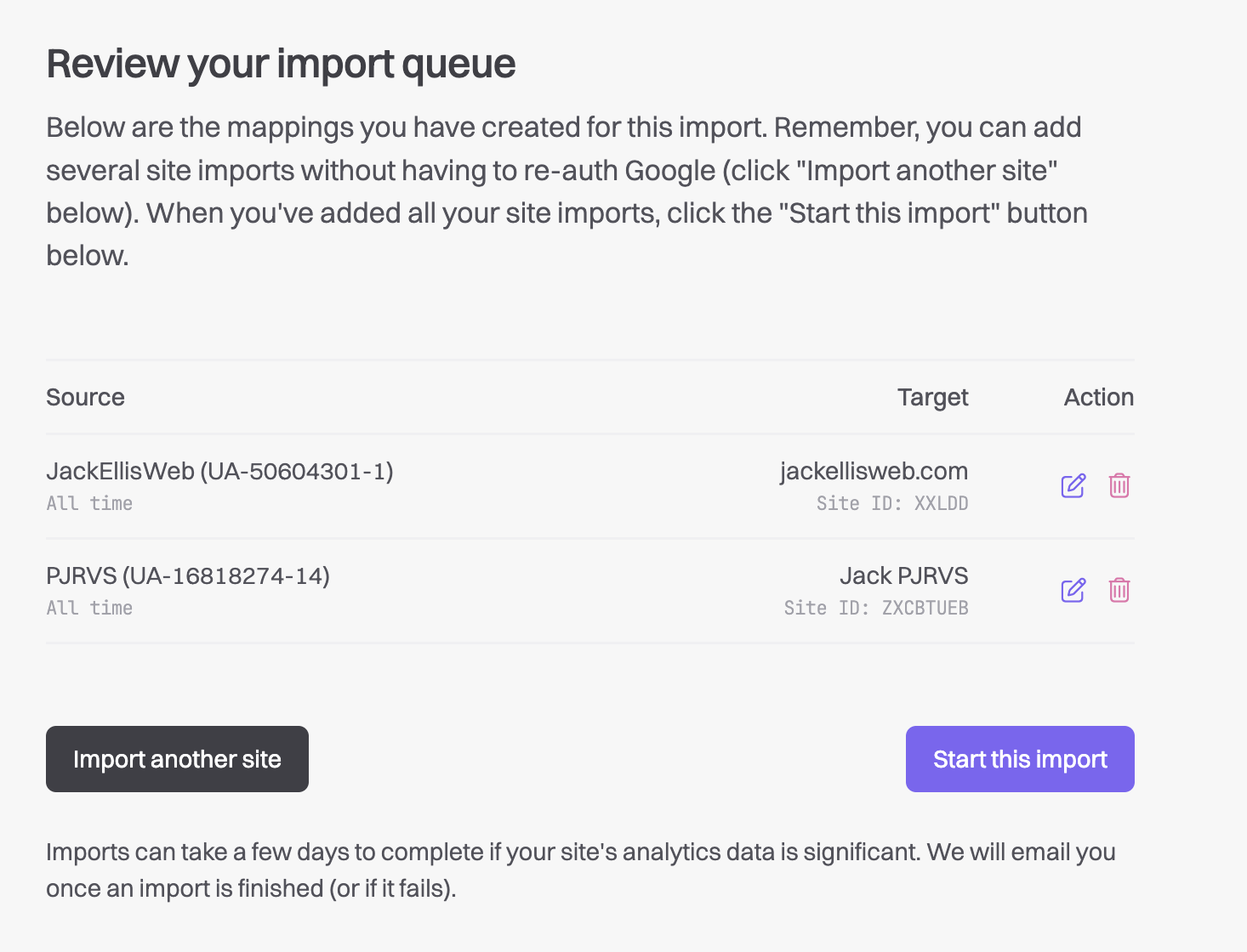 Beautiful interface of our Google Analytics Importer