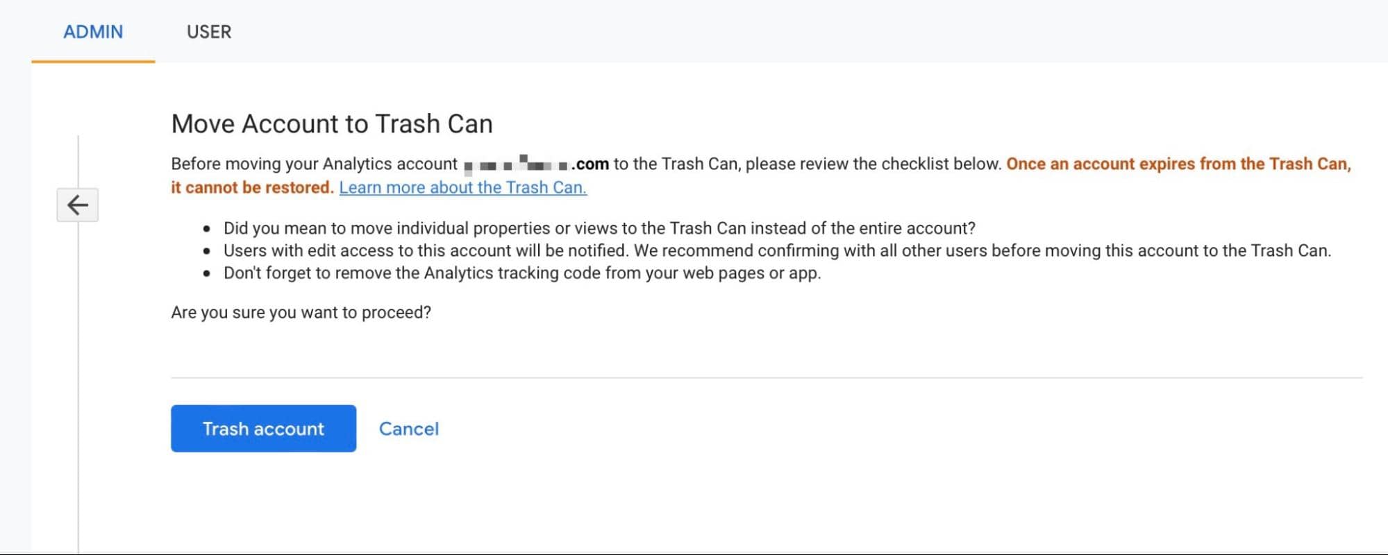 confirm to delete google analytics account