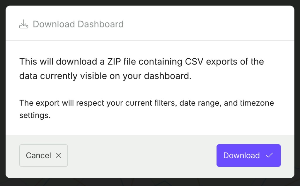 Dashboard download dialog in Fathom