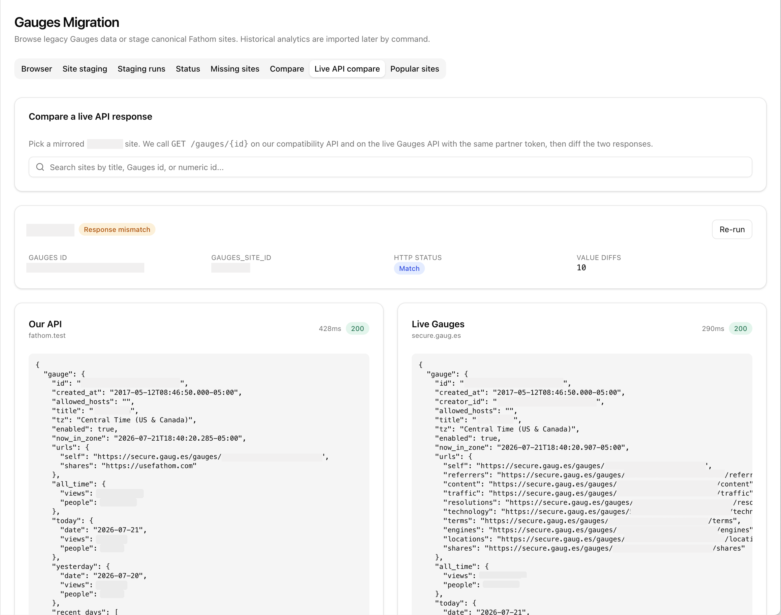 An anonymised diff between our compatibility API and the live Gauges API
