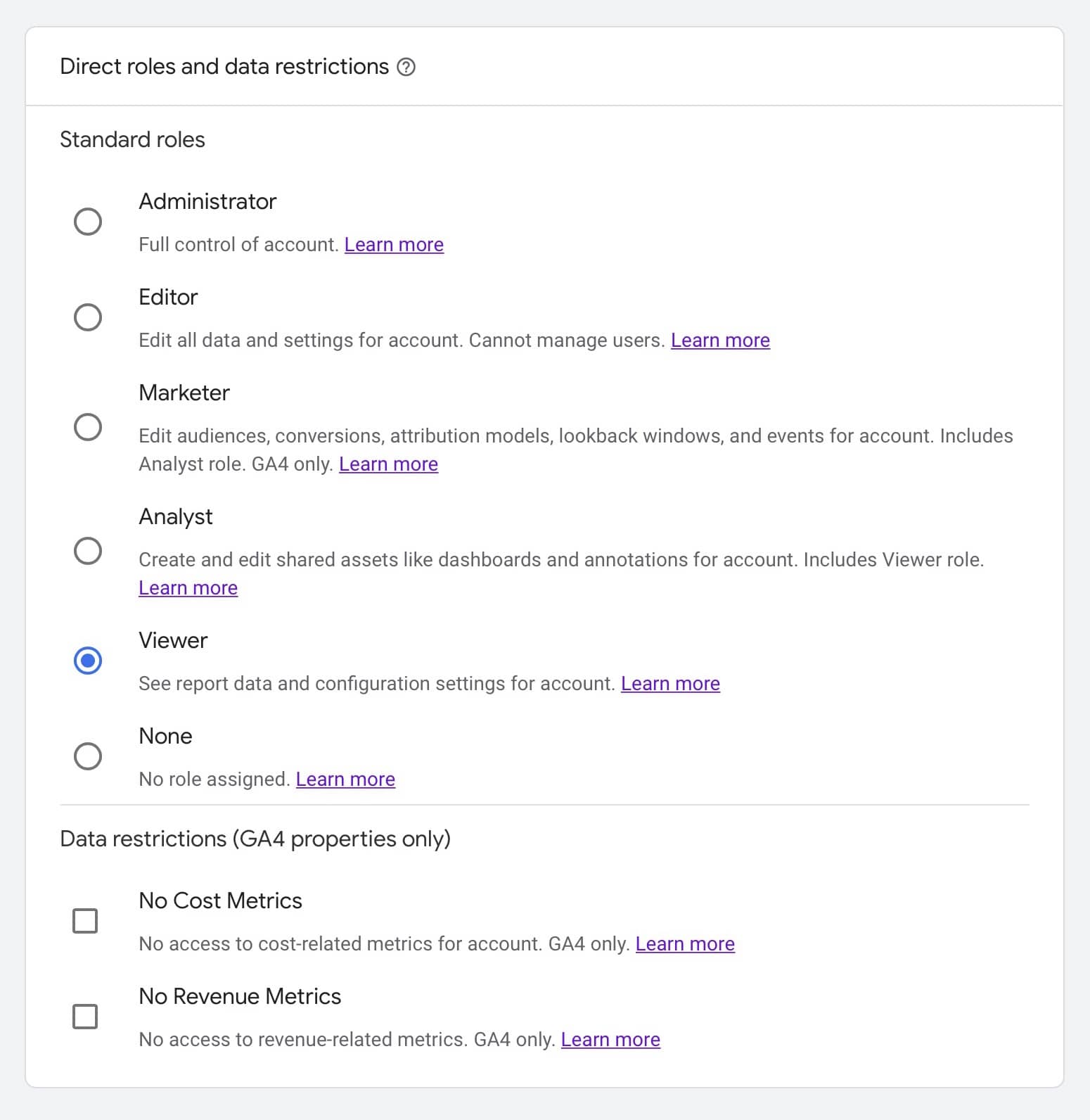 ga4 direct roles and data restrictions