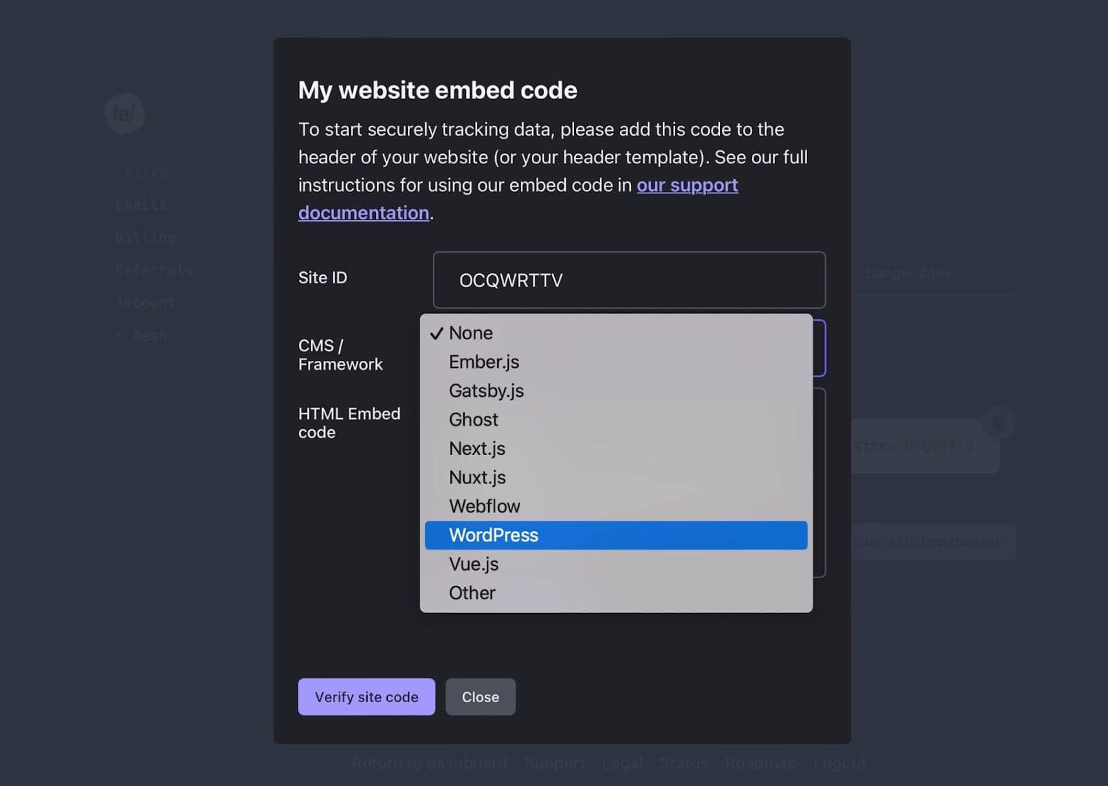 different options for embedding tracking code