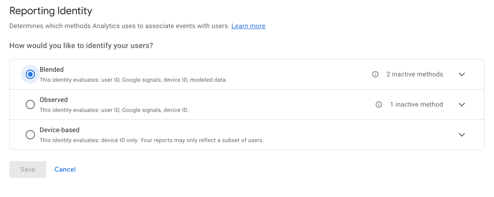 reporting identity user ID settings in GA4