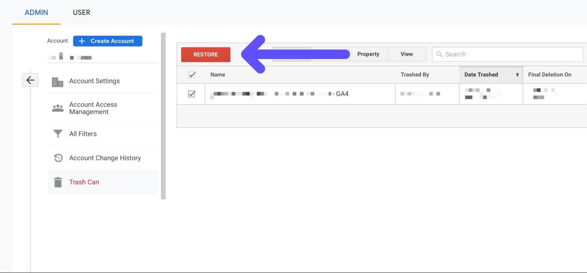 restore google analytics property